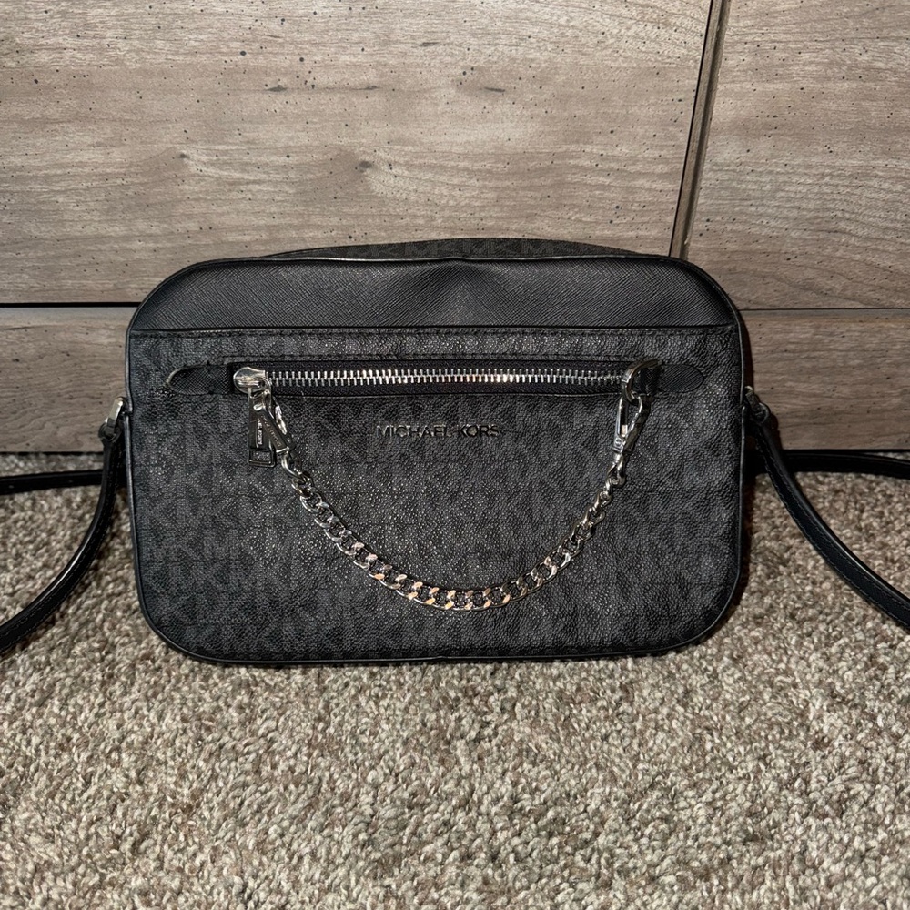 Michael Kors Black Logo Print Crossbody with Silver Chain